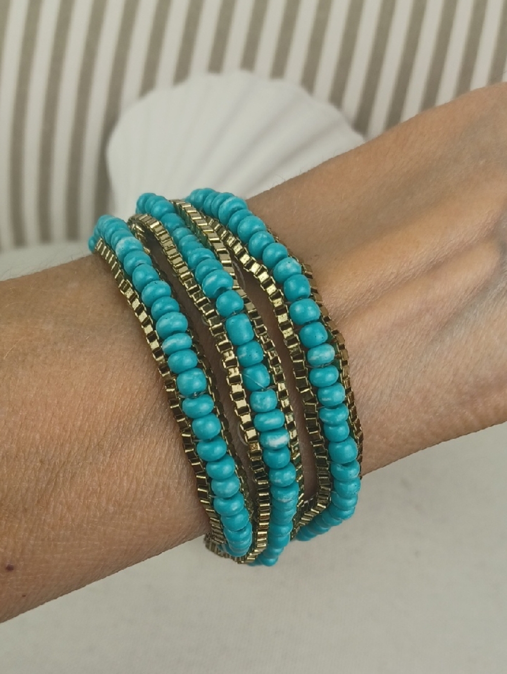 Turquoise Beaded Gold Box Chain Wrapped Gorgeous Boho Bracelet